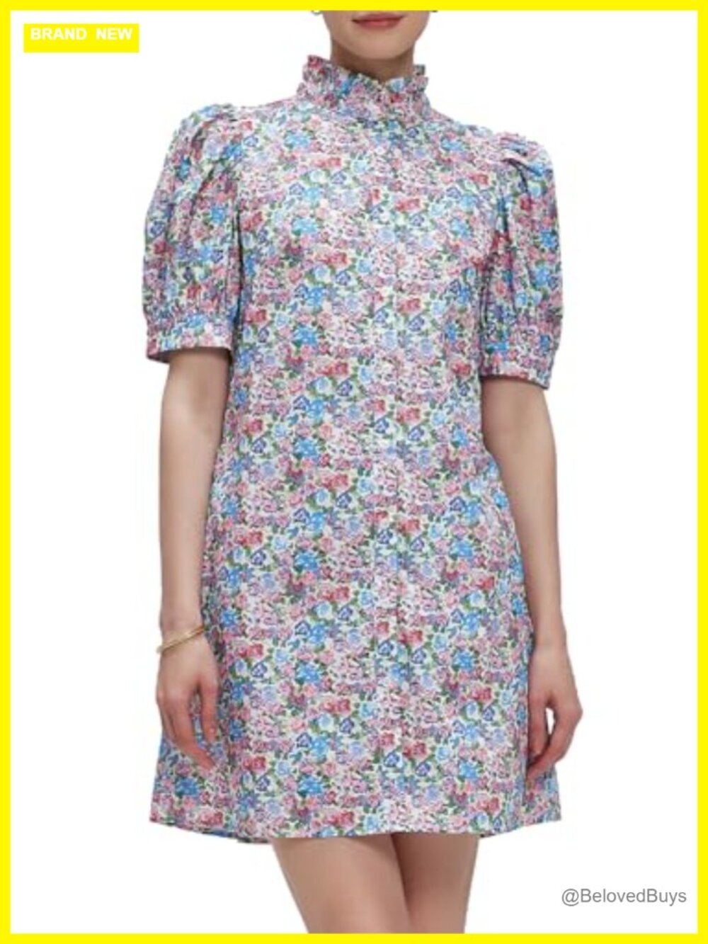Women's Floral Shift Mini Dress Cotton Button Front Puff Sleeve